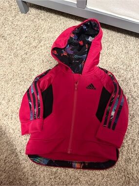 adidas Girls Pink Hooded Zip Jacket with Multicolor Accents